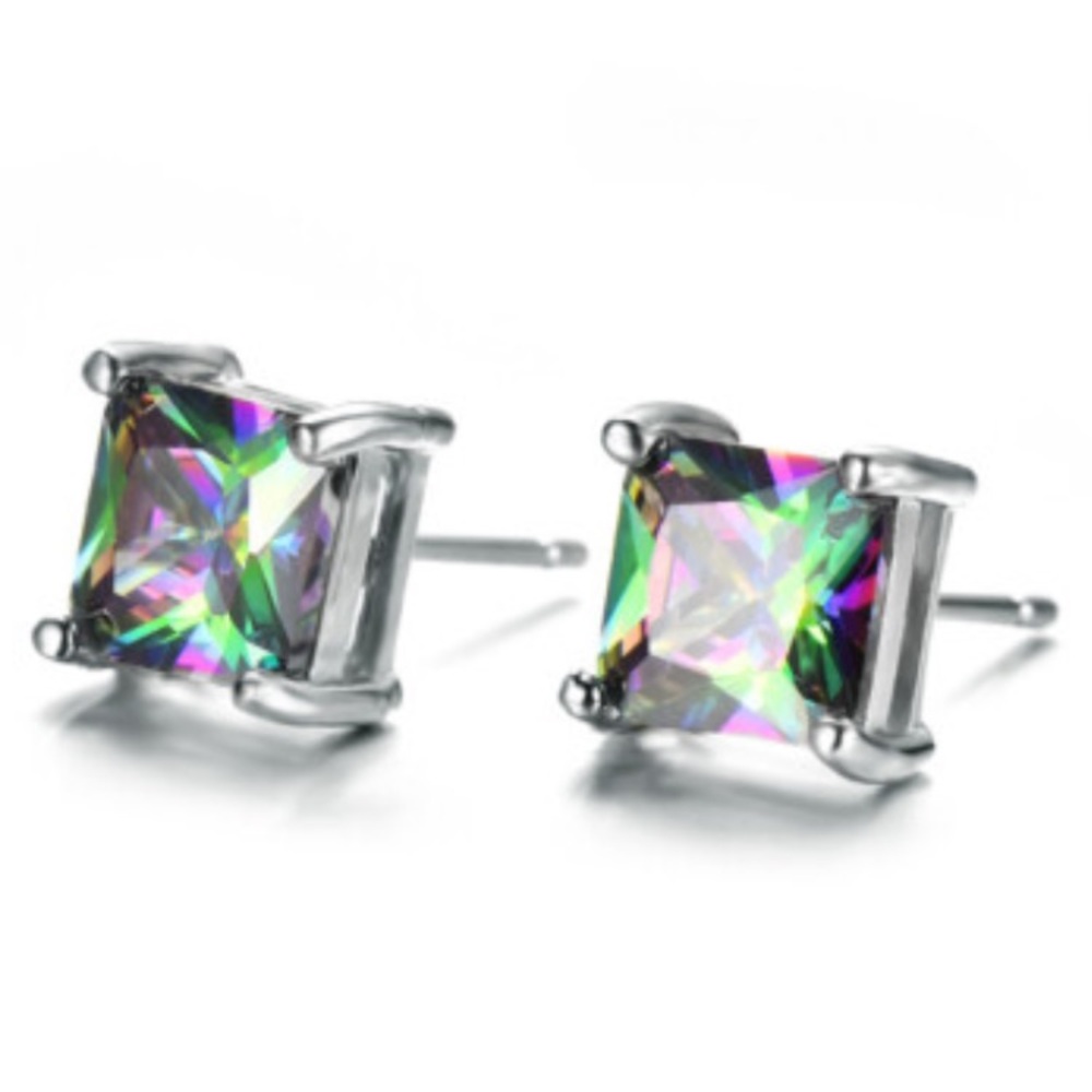Elegant Sterling Silver Mystic Topaz Gemstone Princess Cut Stud Earrings
